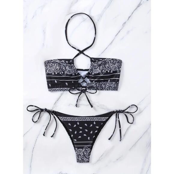 Black and White Paisley Halter Neck Centre Core Tie String Bikini SMALL - Picture 2 of 7